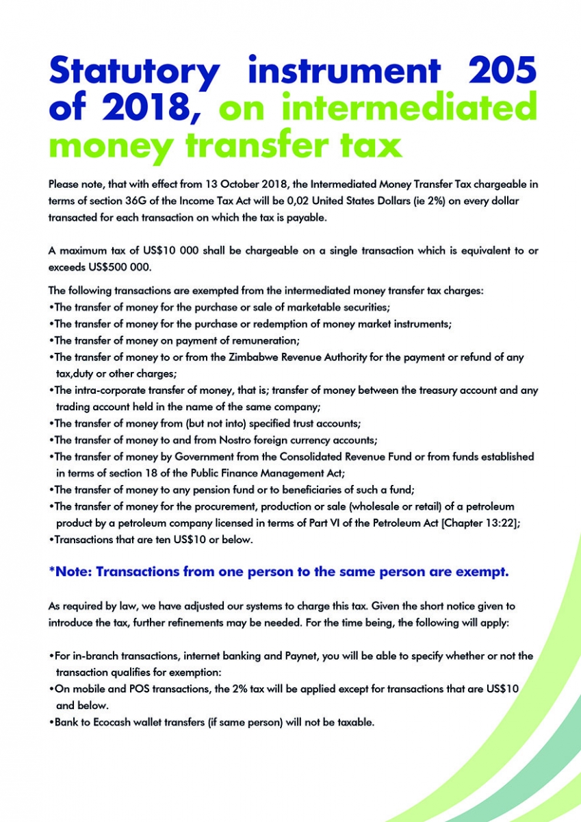 Statutory Instrument 205 of 2018, on Intermediated Money Transfer Tax